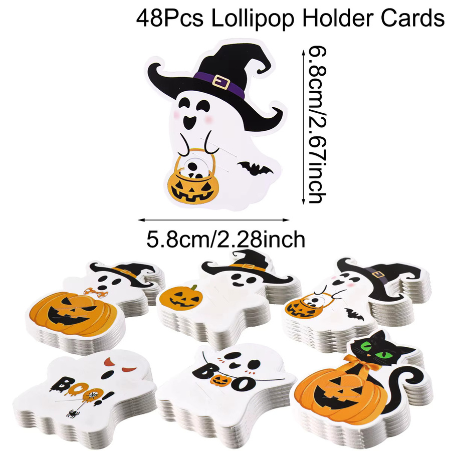 48 Stück Halloween-Lollipop-Halterkarten aus Papier mit Kürbis- und Geister-Muster in Weiß für deine Party-Dekoration und DIY-Geschenke - Bild 2