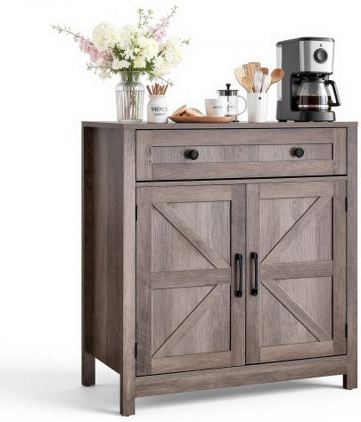 VEVOR Coffee Bar Cabinet im Farmhouse-Stil mit Schublade und 2 Scheunentüren, Buffet-Schrank in Grau, B/T/H: 75 x 37,5 x 80 cm - Bild 1