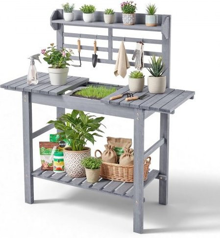 VEVOR Gartenwerkbank mit Spüle und Regalen aus Tannenholz, verstellbare Pflanztisch-Arbeitsstation für Garten und Terrasse, Farbe: Grau, B/T/H: 94 x 46 x 140 cm - Bild 1
