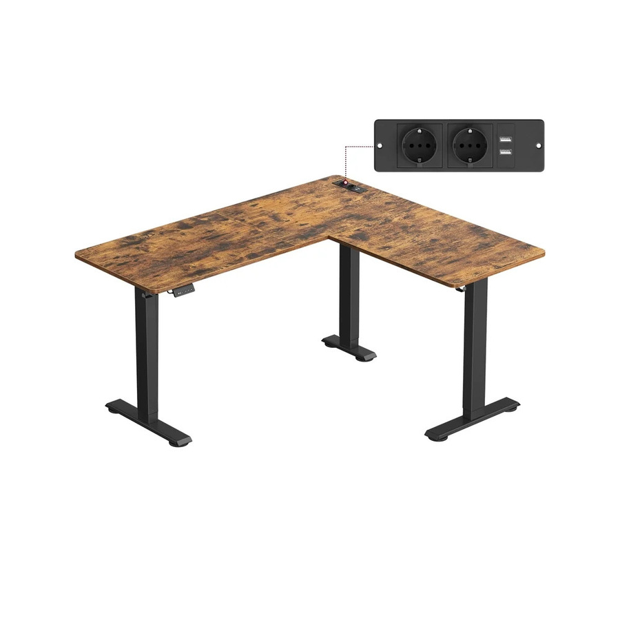VASAGLE Elektrisch höhenverstellbarer L-förmiger Eckschreibtisch mit Ladestation, Vintagebraun + Tintenschwarz, B/T/H: 140 x 160 cm - Bild 1