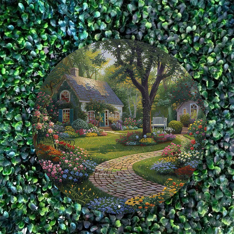 Potdemiel Aluminium-Metallschild Hüttengarten mit blühenden Blumen Wanddekoration B/H: 20 x 20 cm, Mehrfarbig - Bild 3