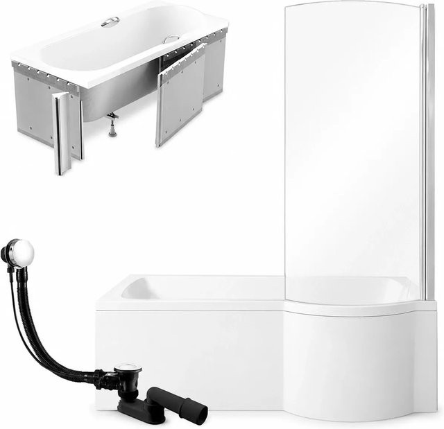 KOLMAN Badewanne Rechteck Weiß mit Styroporverkleidung, Ablauf, Füßen und Glasabtrennung, B/T: 150 x 70 cm, Rechtsausführung - Bild 1