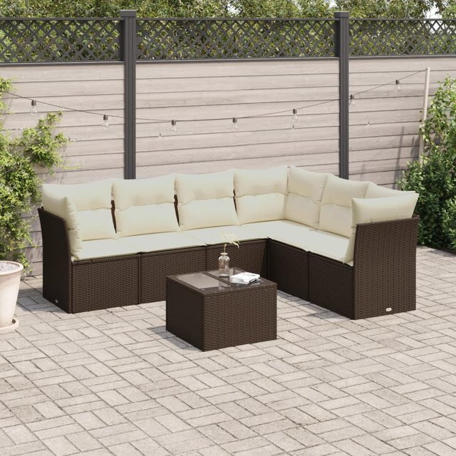 vidaXL 7-tlg. Garten-Sitzgruppe in L-Form aus Polyrattan mit Kissen, Braun - Bild 3