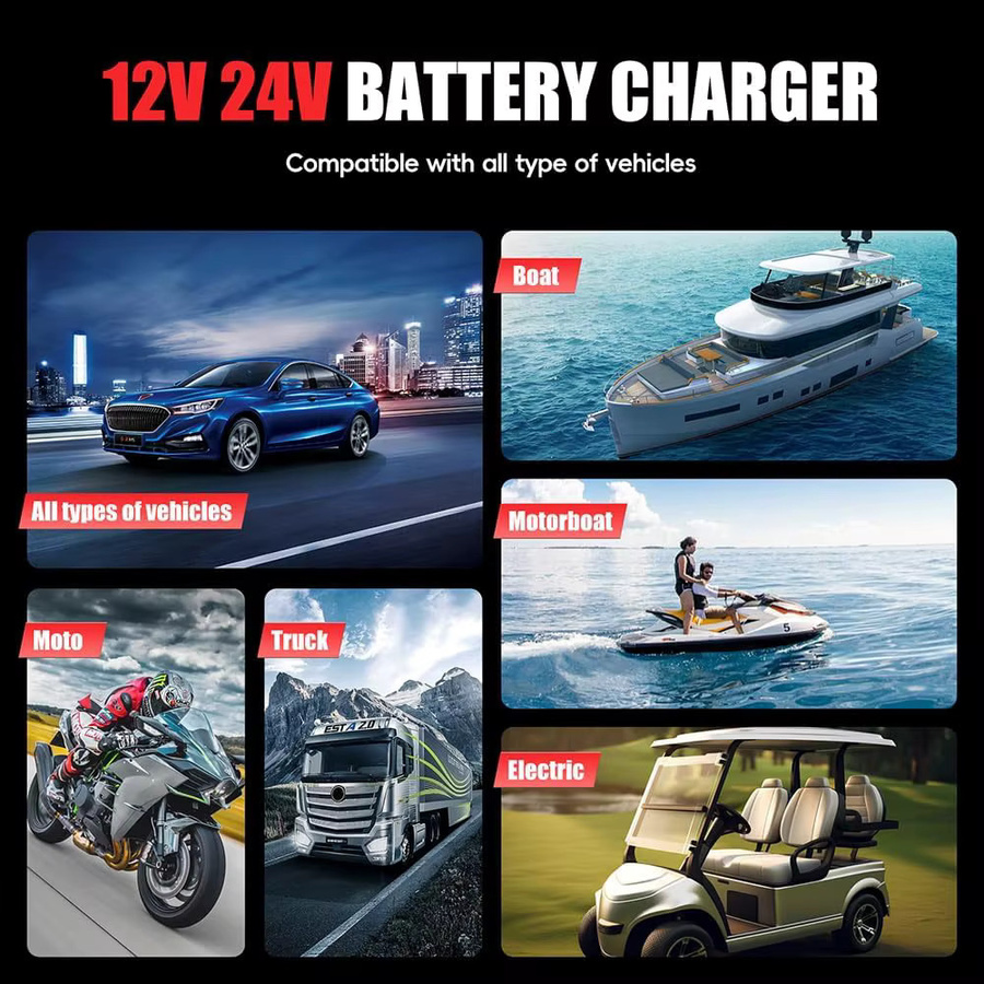 Podofo Vollautomatisches Smart-Batterieladegerät 12V 24V mit 7-Stufen-Ladung und Pulsreparatur für Auto, Motorrad, LKW und Wohnmobil - Bild 2