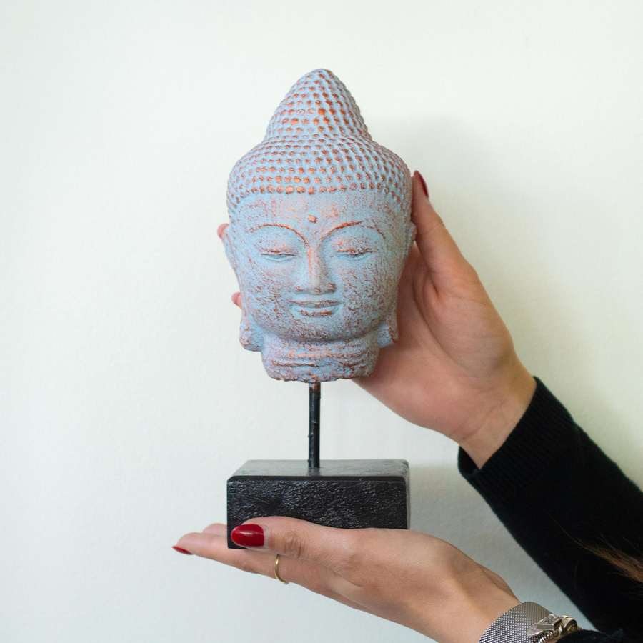 SHAMTAM Buddha-Kopf-Skulptur auf Sockel aus Stein in Blau und Kupfer - Bild 3