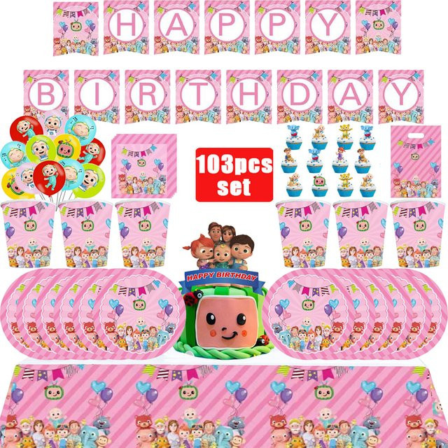 Cocomelon Kinder Party Deko-Set Happy Birthday mit Tischdecke, Tellern, Bechern, Ballons und Kuchen-Zubehör, mehrfarbig gestreift - Bild 1