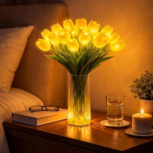 SA FACOMAR LED Tulpen Nachtlicht Strauß in Gelb und Weiß als romantische Dekoration für dein Schlafzimmer - Bild 1