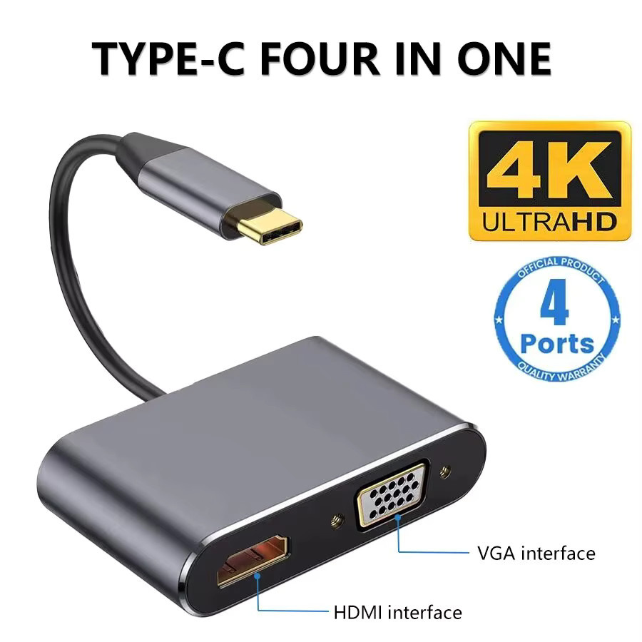 GGBEE USB C Hub 4 in 1 Adapter in Grau mit 4K HDMI, VGA und PD Schnellladung für MacBook, Laptop und Smartphone - Bild 2