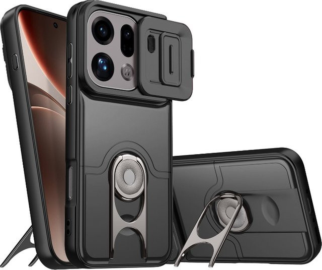 Schutzhülle für OPPO Find X9 Pro mit Schiebe-Objektivschutzring und Standfunktion, Hybrid-Stoßfeste Bumper-Hülle, Schwarz - Bild 1