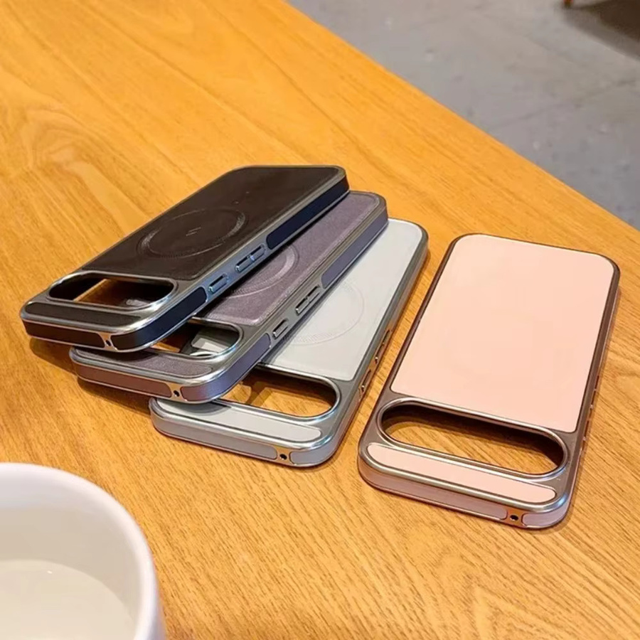 Luxuriöse Lederhülle mit Metallrahmen und Magnetverschluss für Google Pixel 10, 9 und 8 Pro XL in Grau, sturzsicher und kabelloses Laden kompatibel - Bild 1