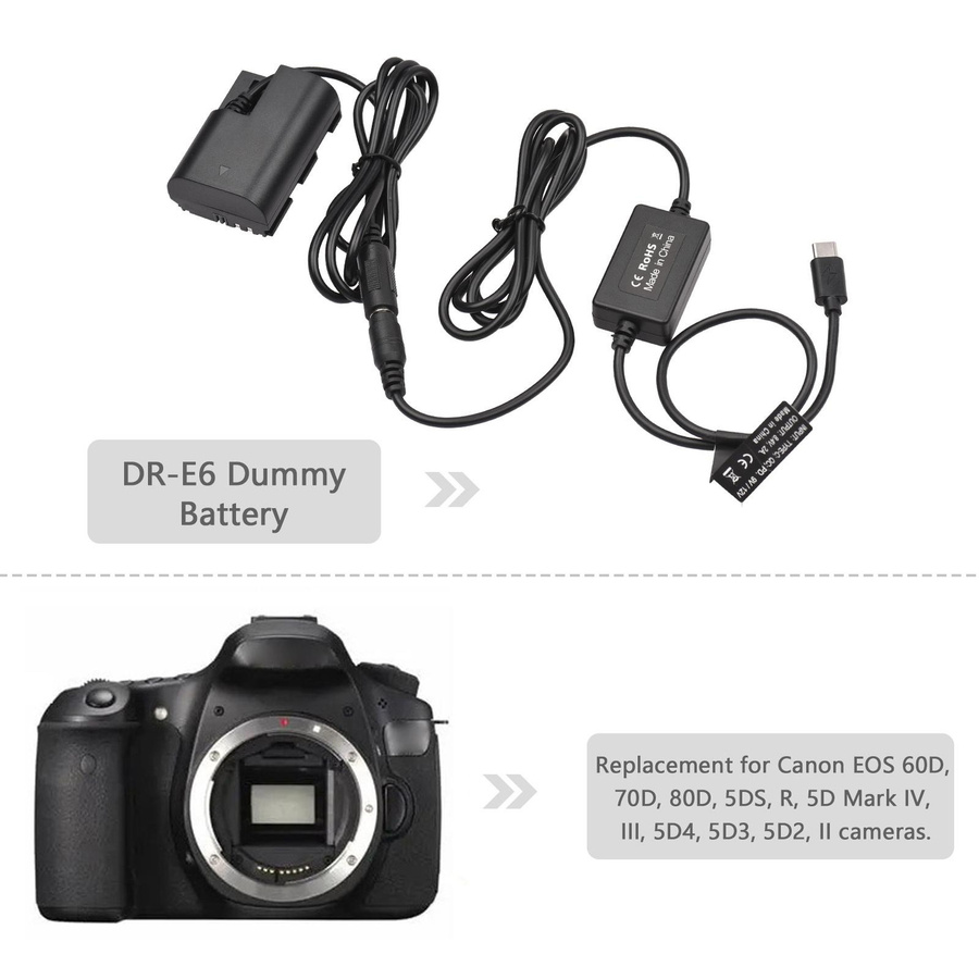 Dummy Batterie DC Koppler LPE6N mit USB-C Kabel als Ersatz für Canon EOS 60D 70D 80D in Schwarz - Bild 3