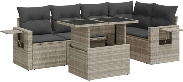 vidaXL 6-teilige Garten-Sofagarnitur in L-Form mit Kissen und Couchtisch, Hellgrau, Poly Rattan und Metallgestell - Bild 1