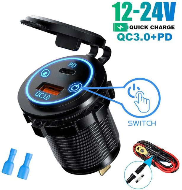 YJMP Auto Parts Wasserdichte 12-24V Auto-Ladegerätesteckdose mit PD 30W und QC3.0 Dual-USB-Typ-C Schnelllade-Steckdose und EIN/AUS-Schalter in Blau - Bild 1