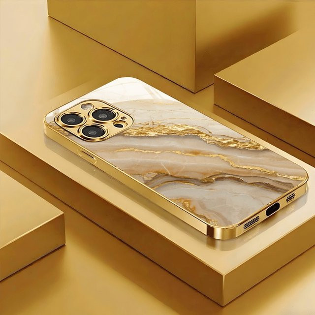Handyhülle aus Glas mit Gold Marmor Stein Muster und Metallic Effekt für iPhone 11 bis iPhone 17 Pro Max und Air Modelle - Bild 1