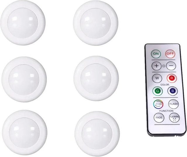 MnnWuu LED Unterbauleuchte Set mit 6 runden Nachtlichtern in Weiß, dimmbar mit 16 Farben, Fernbedienung und Touch-Steuerung für Küche und Schrank - Bild 1