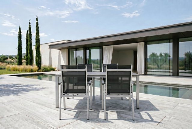 Kettler Cubic/Basic Plus Garten-Essgruppe aus Aluminium und Textilene in Silber/Anthrazit mit Tisch und 4 Stapelsesseln, Tisch B: 160 cm, T: 90 cm, H: 74 cm - Bild 1