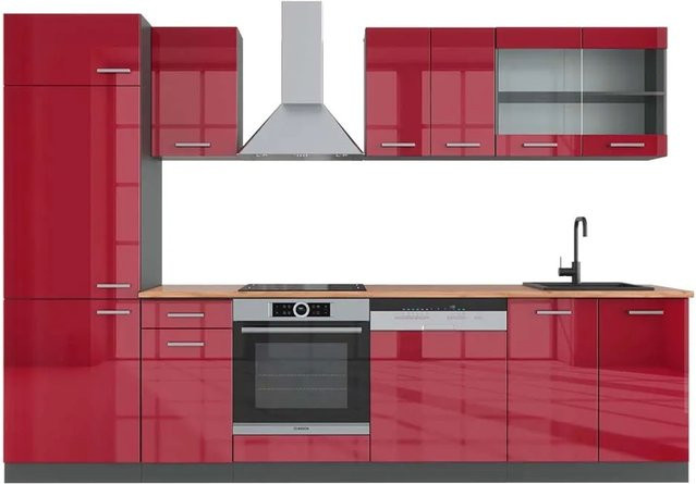 Vicco R-Line Küchenzeile modern in Bordeaux Hochglanz und Anthrazit mit Eiche Optik, Breite: 300 cm - Bild 1