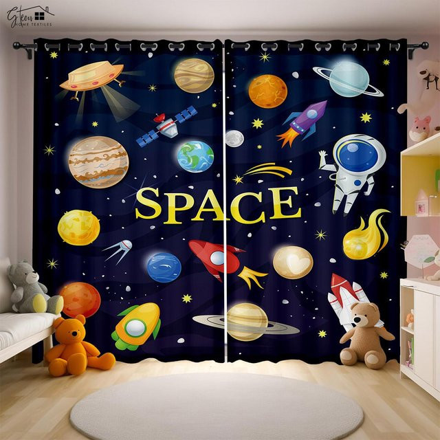Yiran Furniture Cartoon Universum Vorhänge mit Astronaut, Rakete und Mond für Kinderzimmer, 2er-Set, Blau, B: 50 cm, H: 130 cm - Bild 1