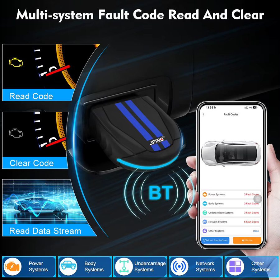 JFIND ELM327 Bluetooth 5.1 OBD2 Scanner Engine Fault Tool in Schwarz für Android und iOS - Bild 4