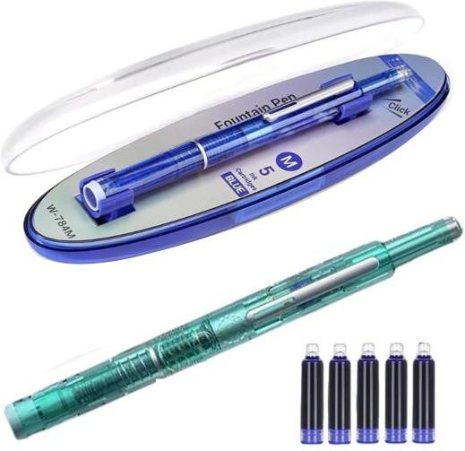 Hercules Einziehbarer Füllfederhalter Set mit 0,38 mm Feiner Feder und 5 Nachfüllbaren Tintenpatronen in Blau und Schwarz, Transparenter Schaft - Bild 1