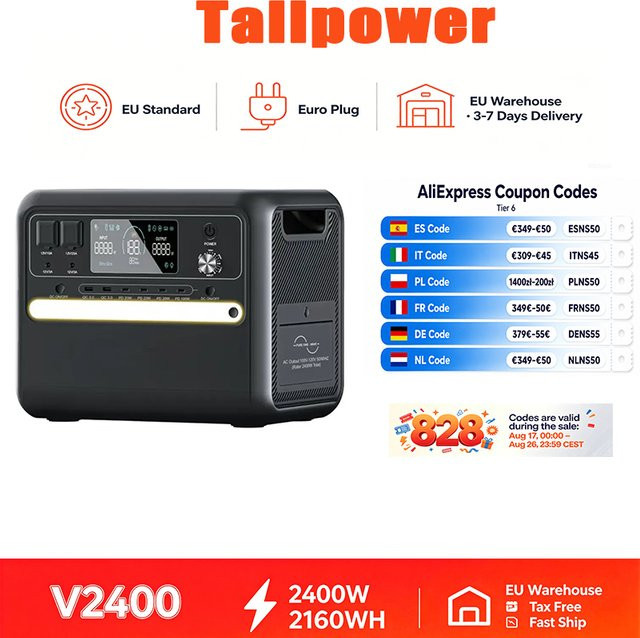 TALLPOWER V2400 Tragbare Powerstation mit 2400W Reine Sinuswelle AC-Steckdose, 2160Wh Lithium-Eisenphosphat-Batterie und 13 Anschlüssen, Farbe: Silber - Bild 1