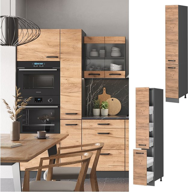 Vicco Apothekerhochschrank R-Line Küchenschrank Eiche Anthrazit B: 30 cm, T: 57,2 cm, H: 207 cm - Bild 1