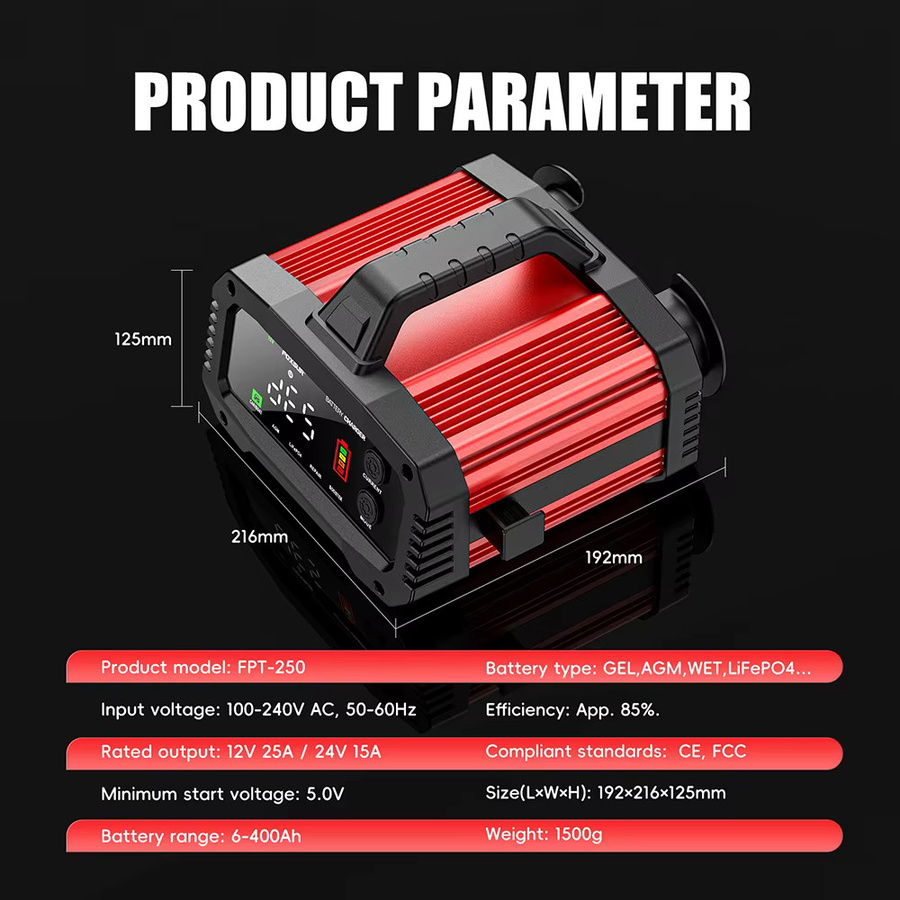 Lenovo Automatisches Autobatterie-Ladegerät in Rot mit intelligenter Impulsreparatur für AGM- und Nass-Blei-Säure-Batterien, 12V/24V, 25A/15A mit Auto-Booster und 8-stufigem Ladevorgang - Bild 5