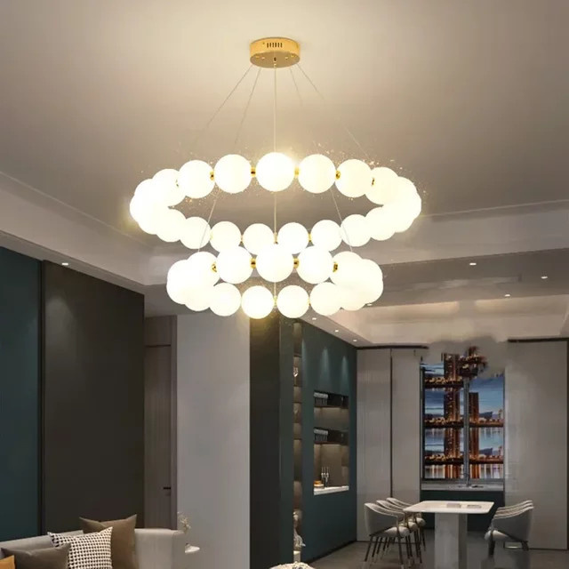 HomeLover LED Ring Kronleuchter mit Acryl-Perlen in Gold/Messing und Weiß, dimmbar, moderne Pendelleuchte für Wohnzimmer und Esszimmer - Bild 1