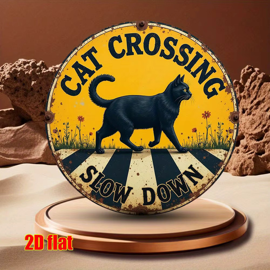 Potdemiel Vintage Metallschild Cat Crossing Slow Down Wanddekoration aus Aluminium in Schwarz und Gelb, Breite: 20,0 cm, Höhe: 20,0 cm - Bild 4