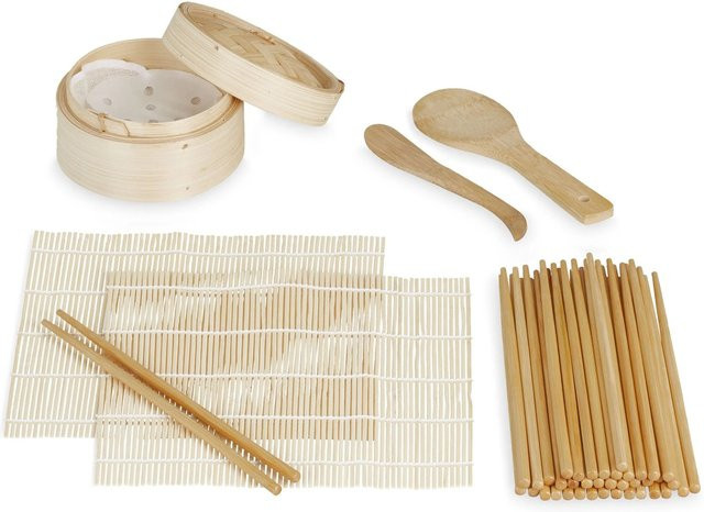 Relaxdays Sushi Set aus Bambus in Beige mit 2 Rollmatten und 20 Paar Essstäbchen, 470 g - Bild 1