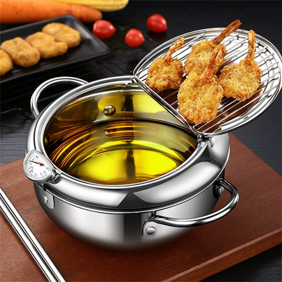 Japanischer Frittiertopf aus Edelstahl mit Thermometer und Deckel von BAIJL, Silber - Bild 5