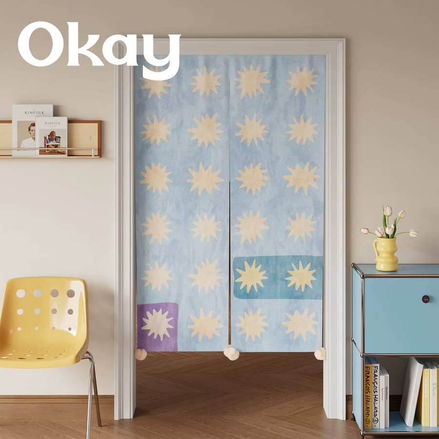 VIKAMA Handgefertigter Noren-Türvorhang mit Sternen in Hellblau, Minimalistisches Design mit Klettverschluss für Küche und Café - Bild 1