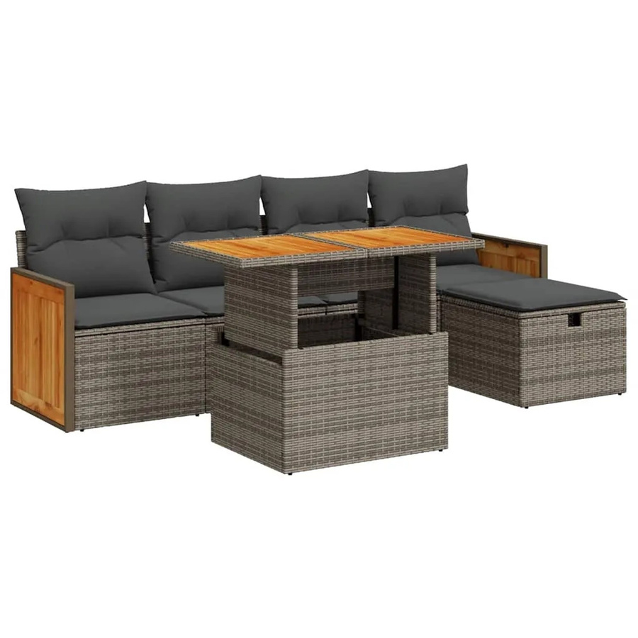 vidaXL 6-teilige Garten-Sofagarnitur aus Poly Rattan in Grau mit Kissen und Ottoman für Terrasse und Garten - Bild 2