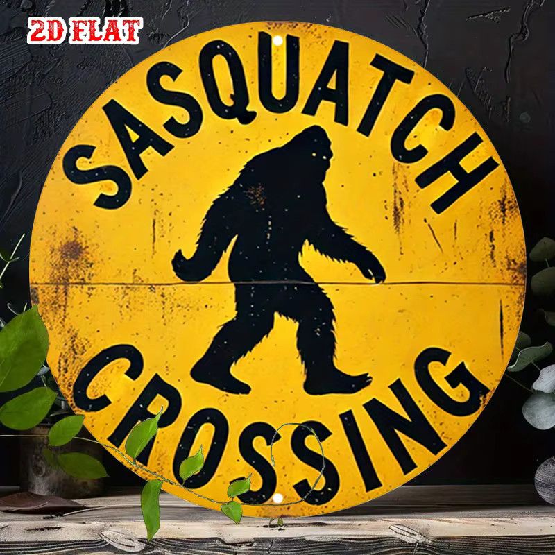Retro Sasquatch Crossing Rundes Aluminiumschild von Potdemiel in Gelb und Schwarz, Durchmesser: 20 cm - Bild 2