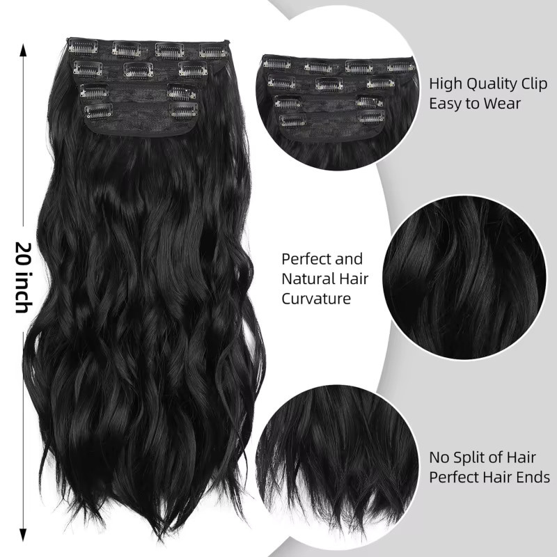 Suri Hair Clip-in-Haarverlängerungen, synthetisch, gewellt, schwarz, 20 Zoll, 4 Stück, Damen - Bild 4