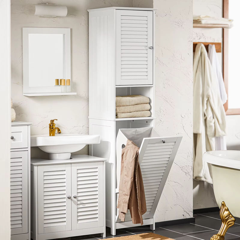 SoBuy Hochschrank Weiß mit ausklappbarem Wäschesack und Regalfächern BZR124-W, H: 170 cm, B: 40 cm, T: 38 cm - Bild 2