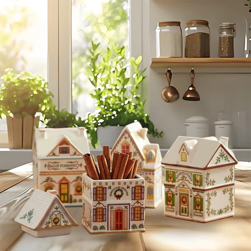 TPXCKz Mini Lebkuchenhaus Gewürzglas Set aus Keramik in Multicolor als festliche Weihnachtsdekoration - Bild 3