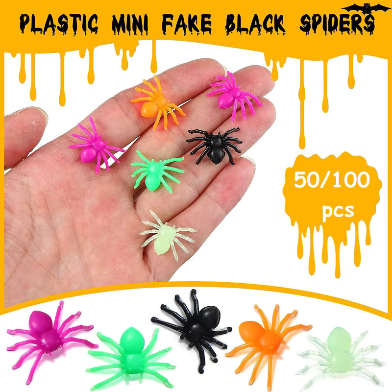 Mehrfarbige Halloween Spinnen als Dekoration für Spukhäuser und Spinnweben, Set mit 50 oder 100 Stück aus Kunststoff - Bild 3