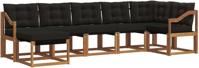 vidaXL Outdoor-Sofagarnitur 7-tlg. aus Akazienholz und Textilene mit Kissen in Natur und Schwarz - Bild 1