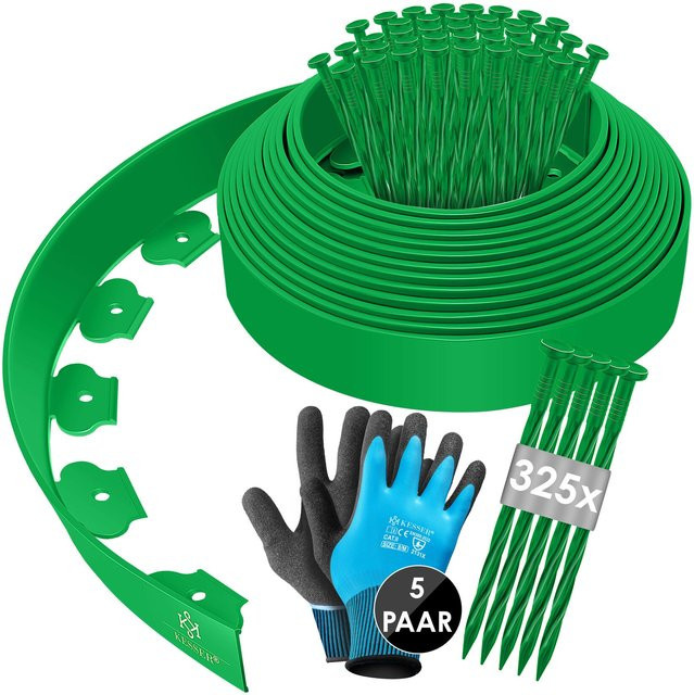 KESSER Flexible Rasenkante aus Kunststoff mit 50 Erdankern und Handschuhen, Beeteinfassung und Beetbegrenzung, Länge: 10 m, Höhe: 5 cm - Bild 1