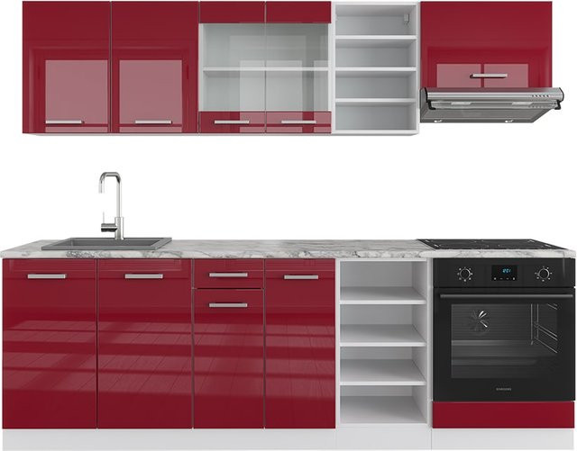 Vicco R-Line Küchenzeile Einbauküche in Weiß und Bordeaux mit Marmor Arbeitsplatte Hochglanz Breite: 240 cm - Bild 1