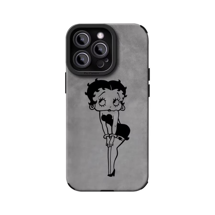 Stoßfeste Leder-Lammfell-Handyhülle mit Boop Charm B-BettyS von Potdemiel für iPhone 17, 16 Pro Max, 15, 14, 13 Max in Schwarz und Grau - Bild 3