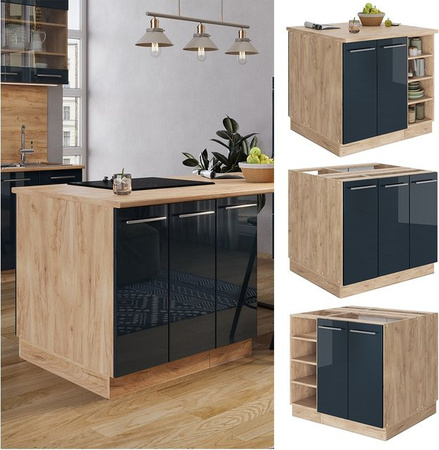 Vicco Kücheninsel Fame-Line in Eiche und Dunkelblau Hochglanz mit Soft-Close-Türen, Breite: 90 cm