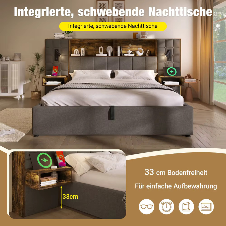 Gepolstertes Stauraumbett aus Leinen in Grau mit LED-Beleuchtung, Leselampen, integrierten Nachttischen und USB- sowie USB-C-Ladeanschlüssen, B/T/H: 160 x 200 cm - Bild 4
