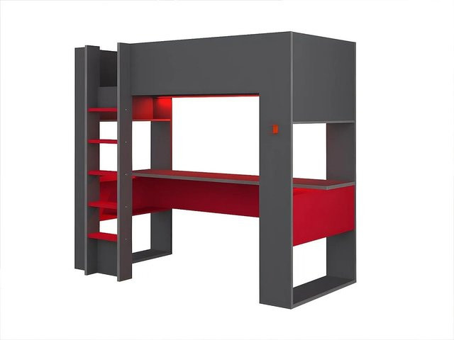 Vente-unique Hochbett Noah in Anthrazitgrau und Rot, Höhe: 206 cm, Breite: 90 cm, Tiefe: 200 cm - Bild 1