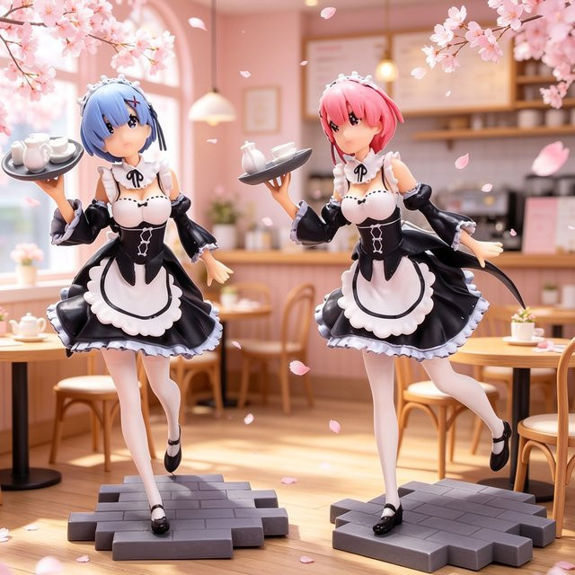 Bandai Re:Zero Rem & Ram Figurenset, Dienstmädchen-Kostüm mit Tablett, stehende Pose - Bild 1