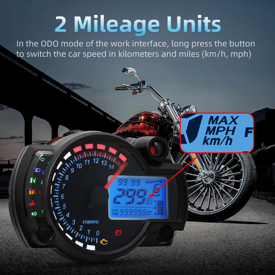 MAIMEIMI Motorrad Universal Digital Tachometer 12V mit Sicherheitsalarm, LED LCD Wassertemperaturanzeige und N Gang Anzeige in Schwarz - Bild 5