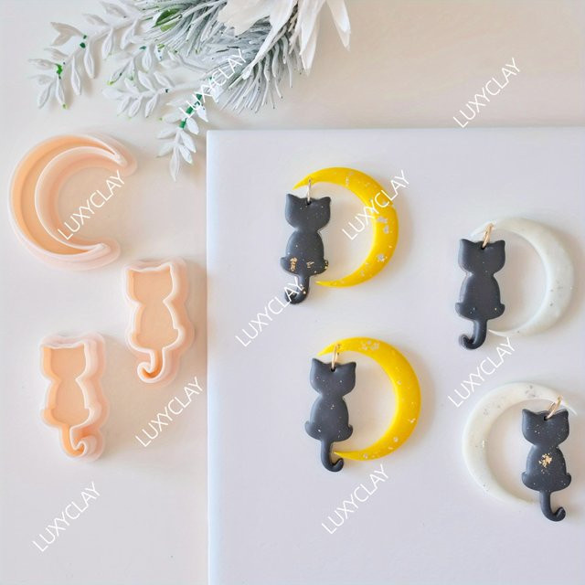 3-teiliges Set aus Polymer-Ton-Ausstechformen in Halbmond- und Katzenform für Halloween-Schmuckanhänger und Ohrringe aus Kunststoff - Bild 1