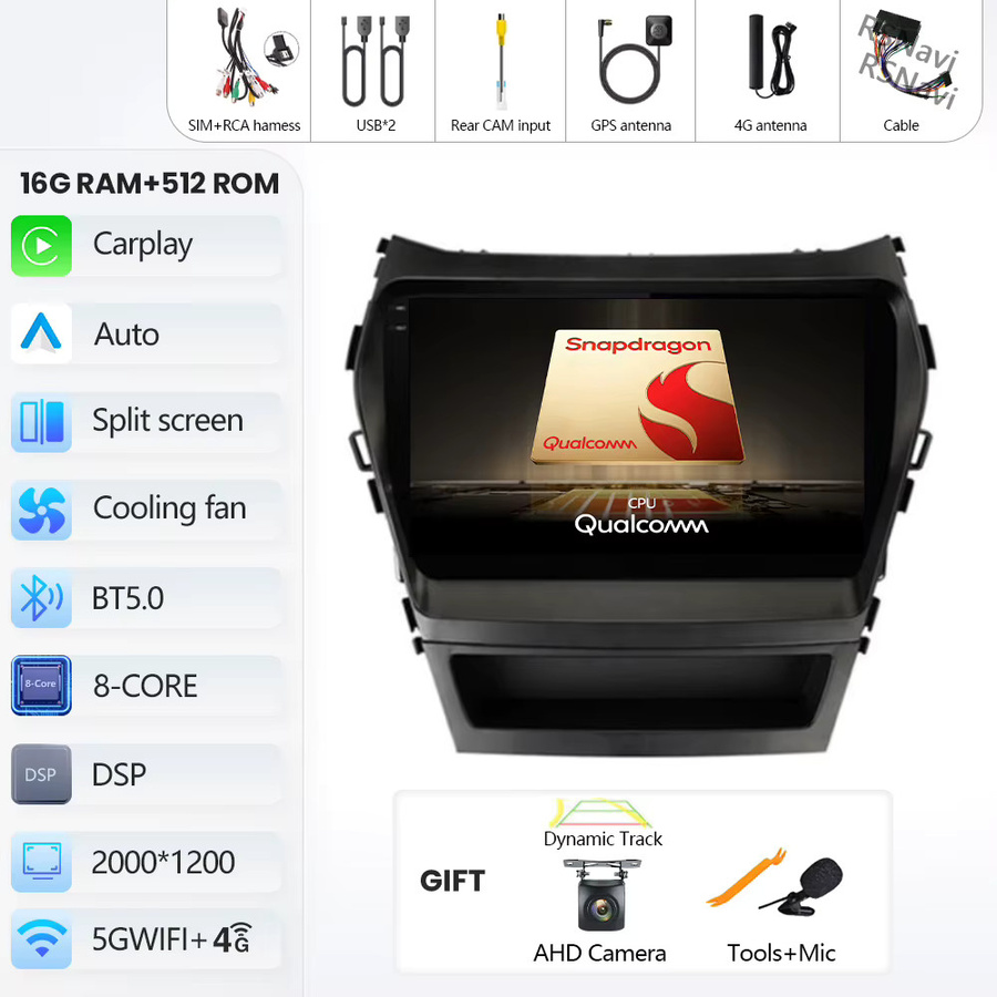 RSNAVI Android 16 Autoradio mit 2K Bildschirm, CarPlay und GPS für Hyundai Santa Fe 3 (2013 - 2016), Schwarz - Bild 4