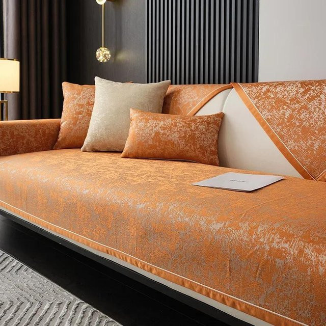 Rutschfester Sofabezug aus Jacquard-Chenille mit floralem Muster in Orange, 70 x 70 cm - Bild 1
